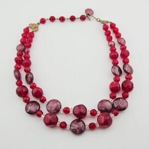 Double Strand Beaded Necklace Red Plastic Beads Colorful Bold Costume Jewelry